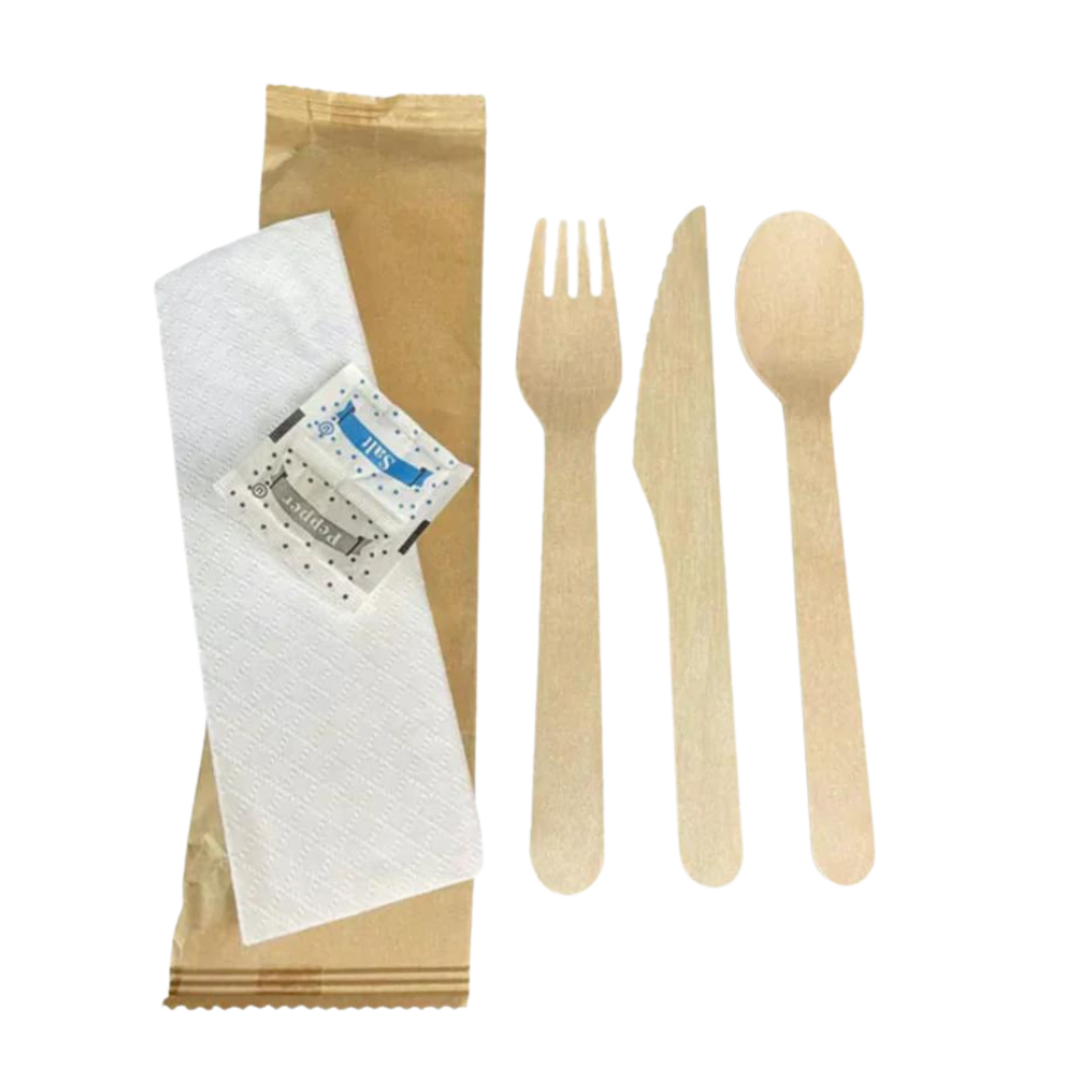 Wooden Utensil Kit with a Knife, Fork, Spoon, Napkin, Salt & Pepper