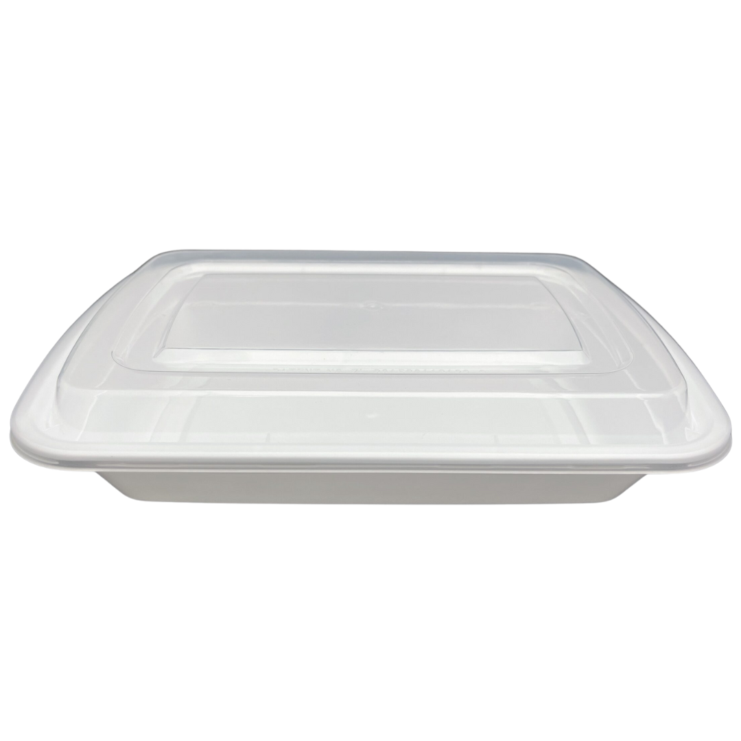 28 oz White Rectangular Take-Out Microwaveable Container with Clear Lid