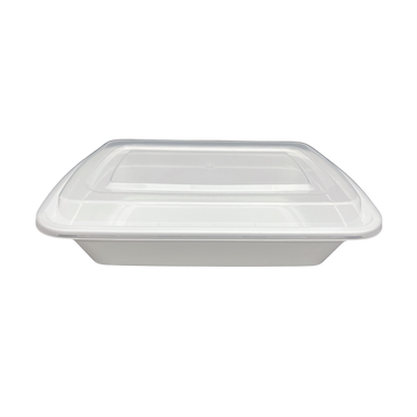38 oz White Rectangular Take-Out Microwaveable Container with Clear Lid