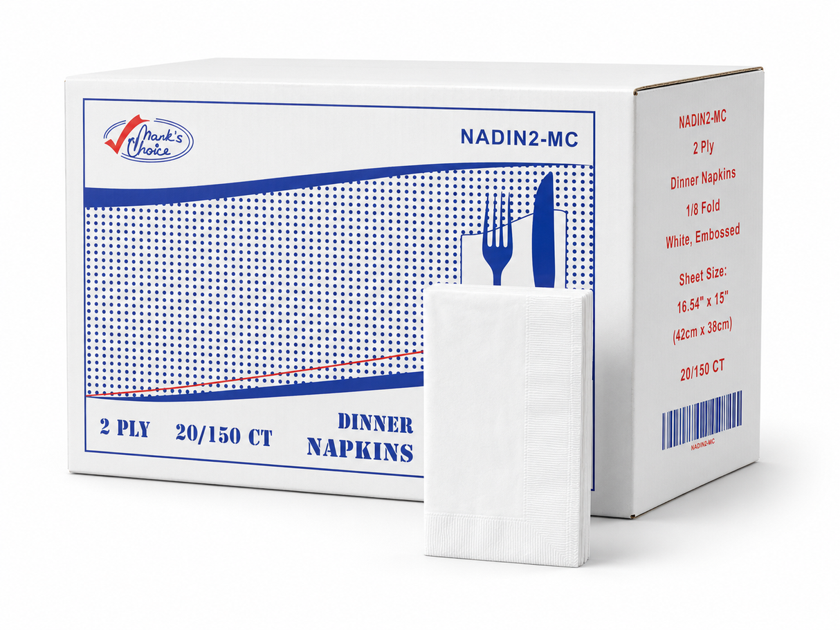 2 ply, 1/8 Fold White Dinner Napkins