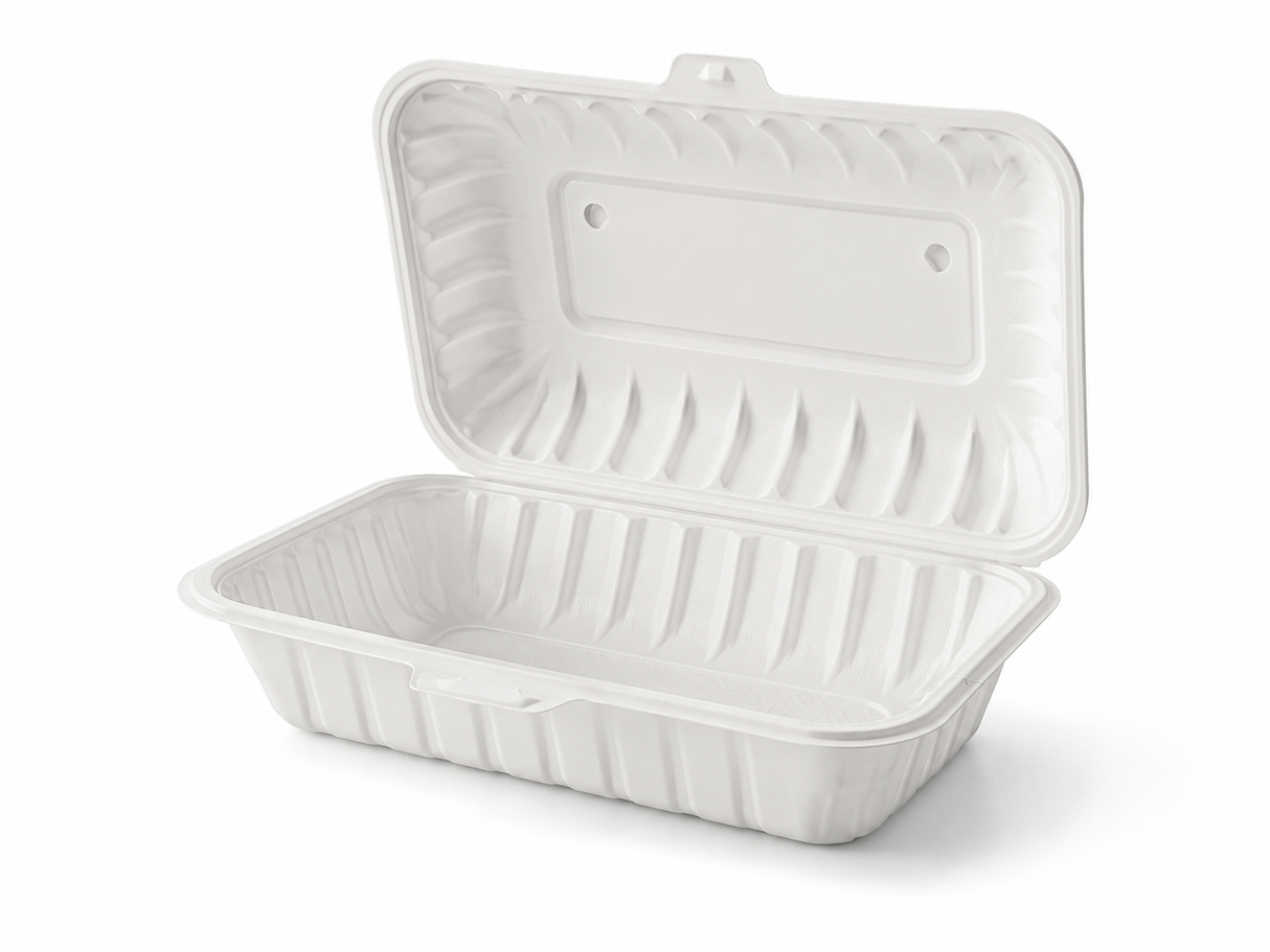 8" x 5.25" x 3" White MFPP Take-Out Container - 1-Comp.