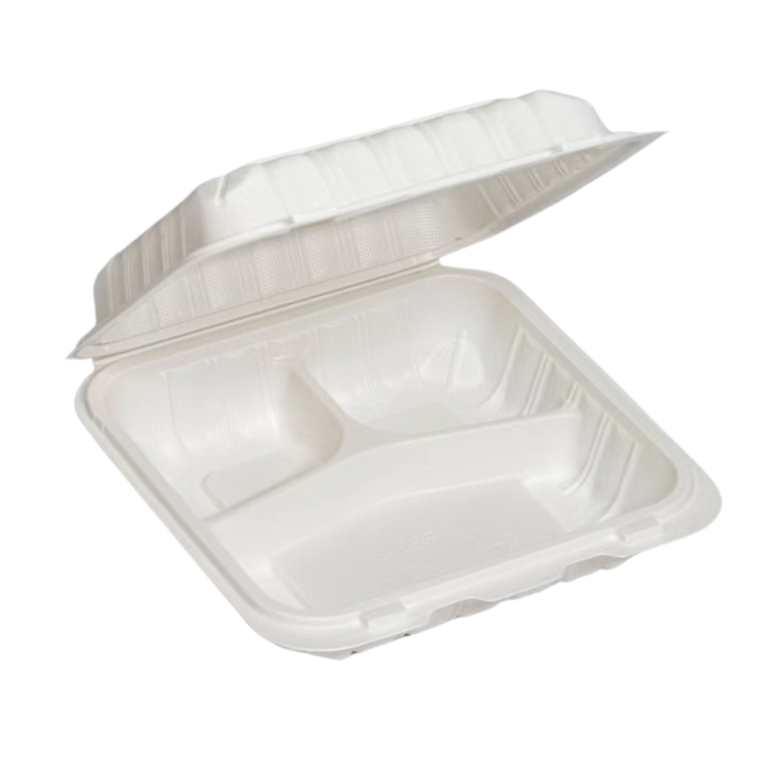 8" x 8" x 3.75" White MFPP Take-Out Container - 3-Comp.