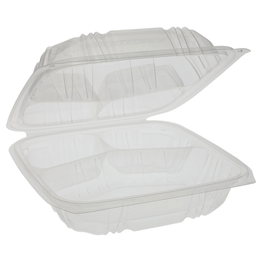 10.5" x 9.5" Clear Vented PP Take-Out Container with Lid - 3-Comp.