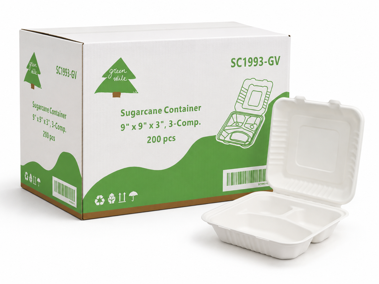 9" x 9" x 3" Sugarcane Take-Out Container - 3-Comp.