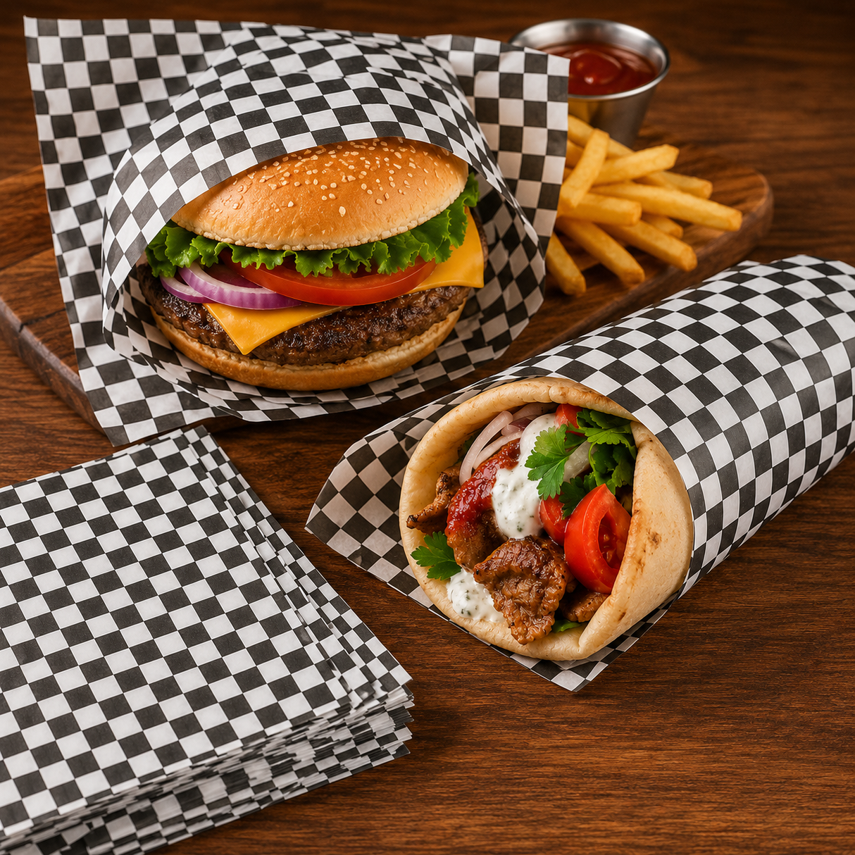***OPEN**Greaseproof Paper - Black Checker - GP1212B - 1000 pcs, 6b/case