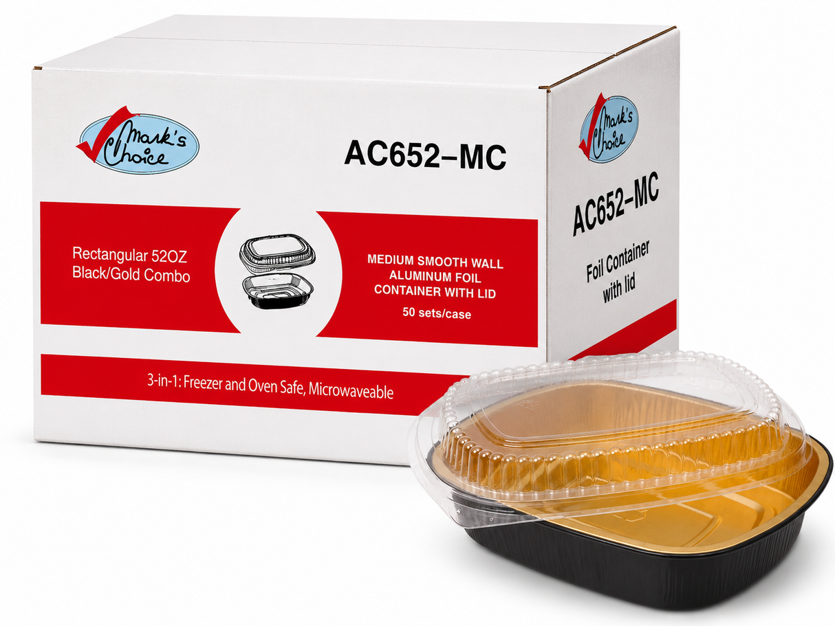 52 oz Rectangular Black Gold SmoothWall Foil Container with Clear Lid