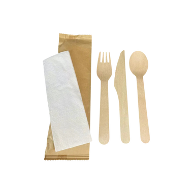 Wood Utensil Kit that includes a Knife, Fork, Spoon & Napkin