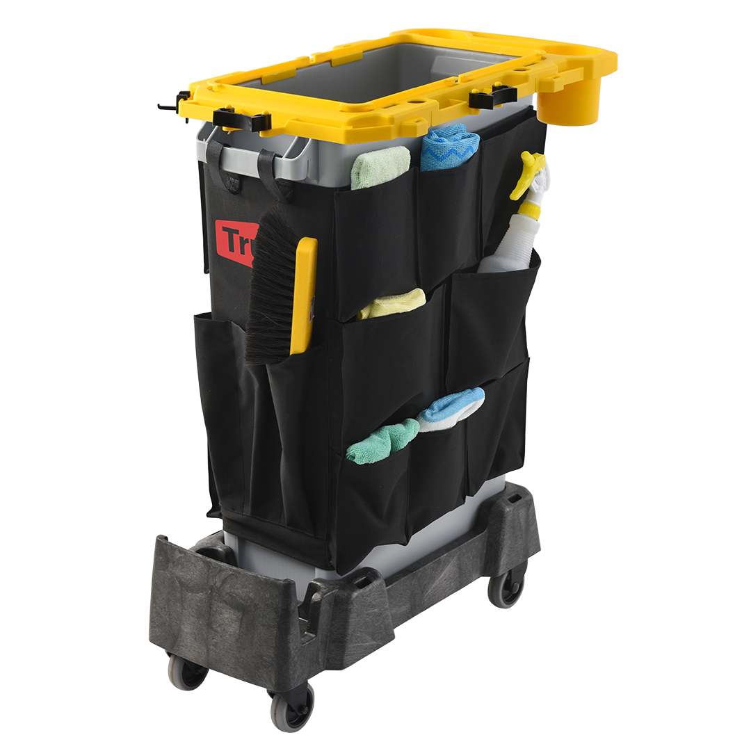 Slim Janitorial Cart, Rim Caddy+Dolly+Caddy Bag