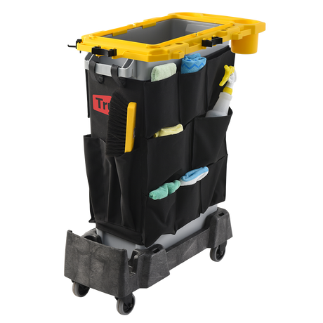 Slim Janitorial Cart, Rim Caddy+Dolly+Caddy Bag