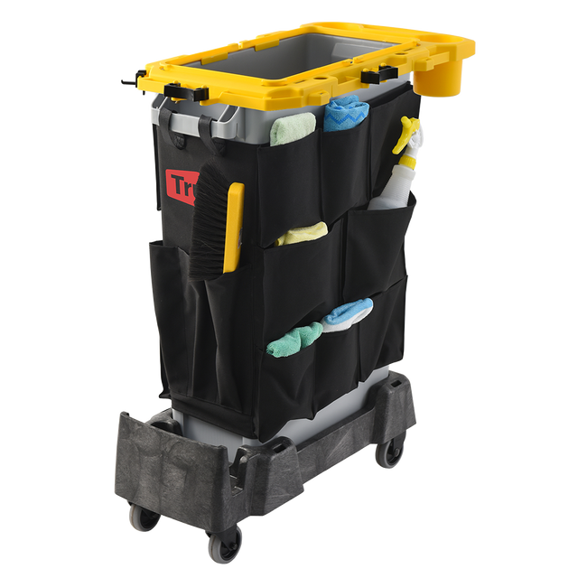 Slim Janitorial Cart, Rim Caddy+Dolly+Caddy Bag