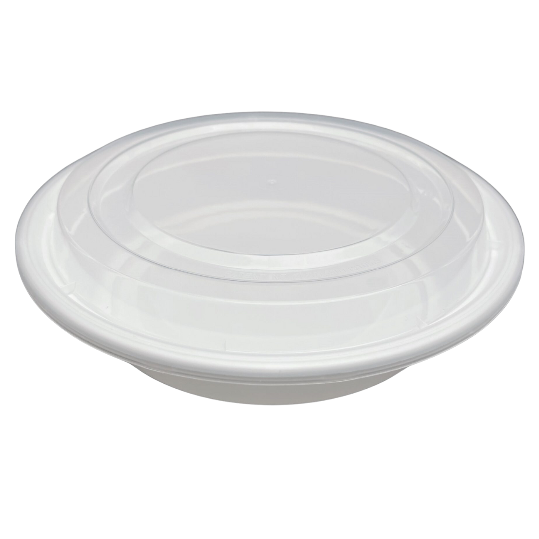 24 oz White Round Take-Out Microwaveable Container with Clear Lid