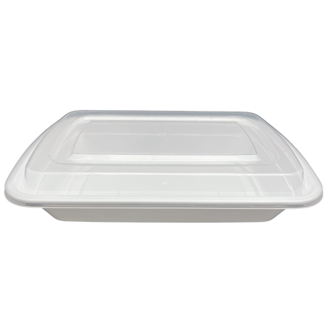 28 oz White Rectangular Take-Out Microwaveable Container with Clear Lid