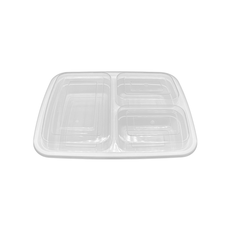 30 oz White Rectangular Take-Out Microwaveable Container with Clear Lid - 3-Comp.