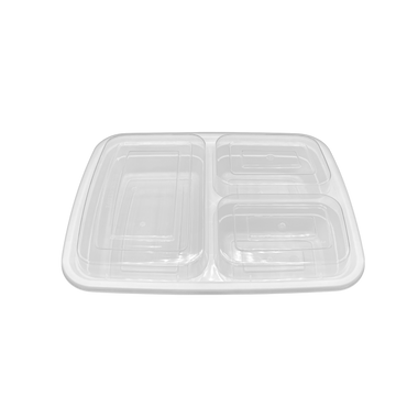 30 oz White Rectangular Take-Out Microwaveable Container with Clear Lid - 3-Comp.