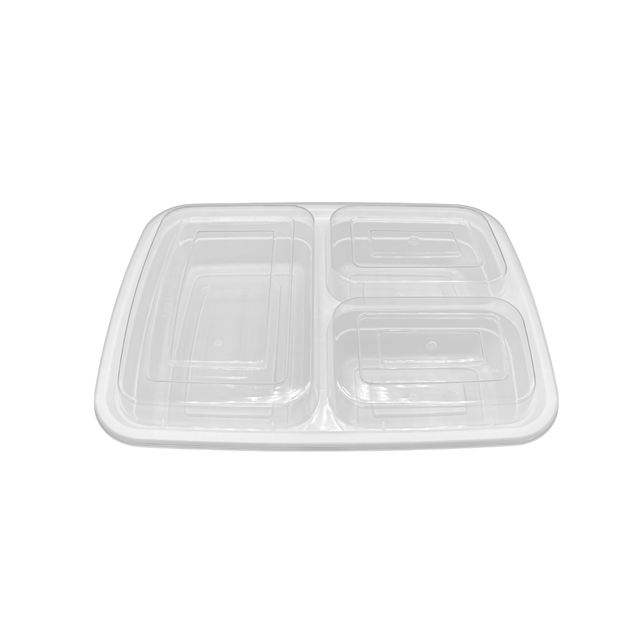 30 oz White Rectangular Take-Out Microwaveable Container with Clear Lid - 3-Comp.
