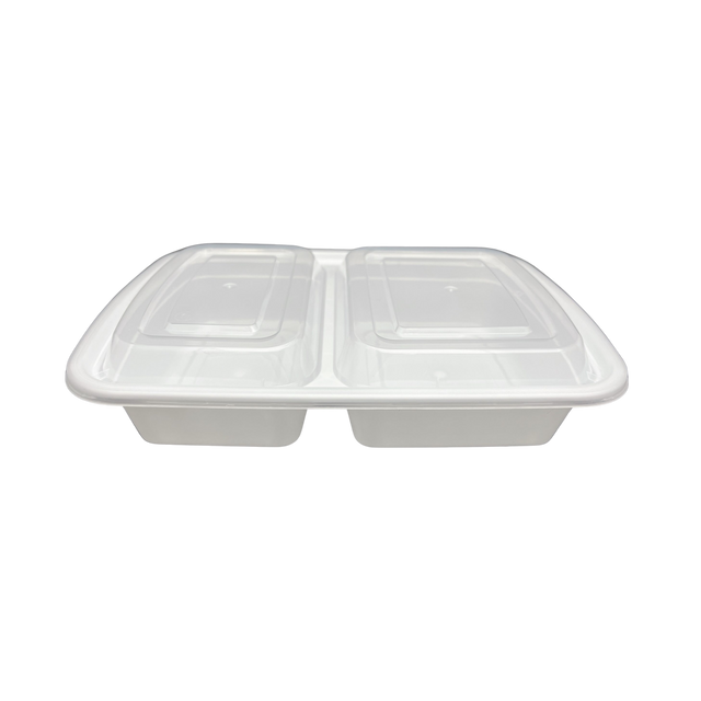 32 oz White Rectangular Take-Out Microwaveable Container with Clear Lid - 2-Comp.