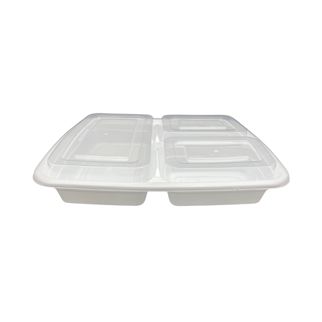 39 oz White Rectangular Take-Out Microwaveable Container with Clear Lid - 3-Comp.