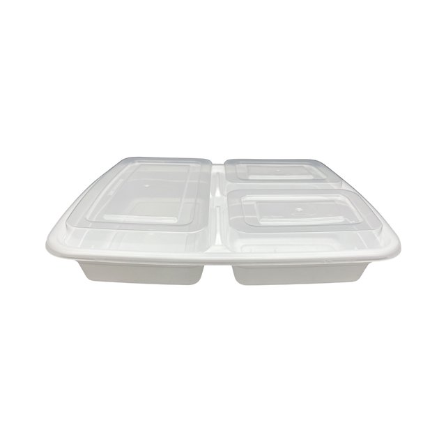 39 oz White Rectangular Take-Out Microwaveable Container with Clear Lid - 3-Comp.