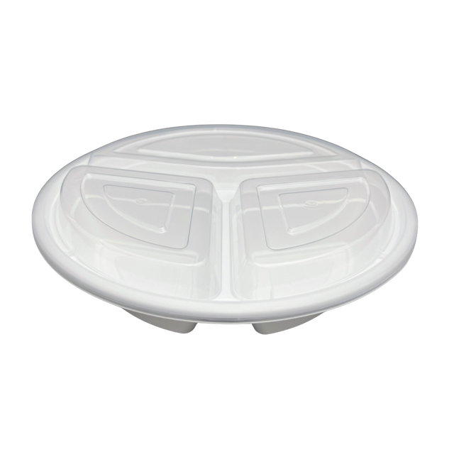 48 oz White Round Take-Out Microwaveable Container with Clear Lid - 3-Comp.