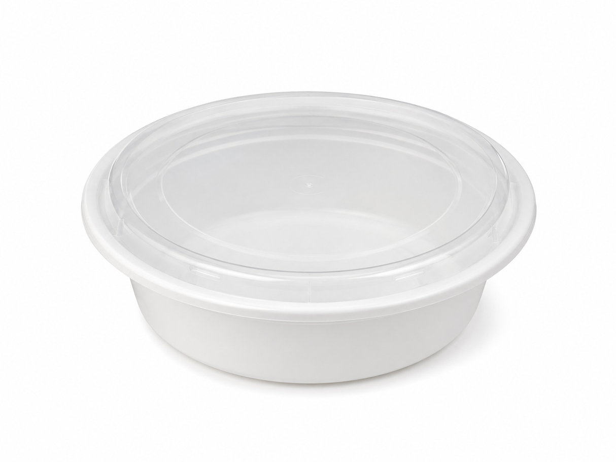 48 oz White Round Take-Out Microwaveable Container with Clear Lid