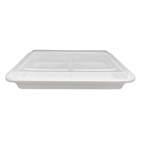 58 oz White Rectangular Take-Out Microwaveable Container with Clear Lid