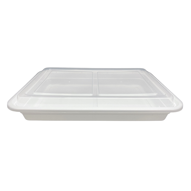 58 oz White Rectangular Take-Out Microwaveable Container with Clear Lid