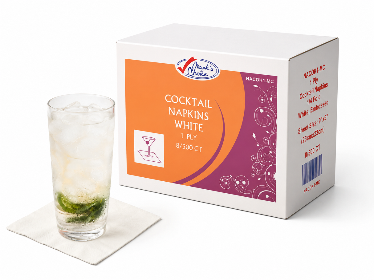 9" x 9", 1ply White Cocktail/Beverage Napkins