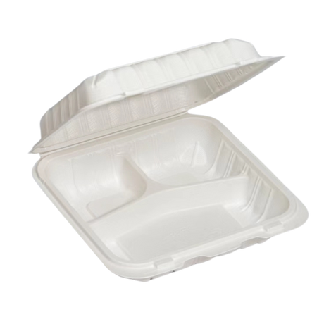 8" x 8" x 3.75" White MFPP Take-Out Container - 3-Comp.