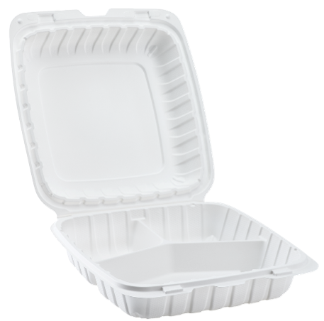 9" x 9.25" x 3" White MFPP Take-Out Container - 3-Comp.