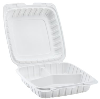 9" x 9.25" x 3" White MFPP Take-Out Container - 3-Comp.