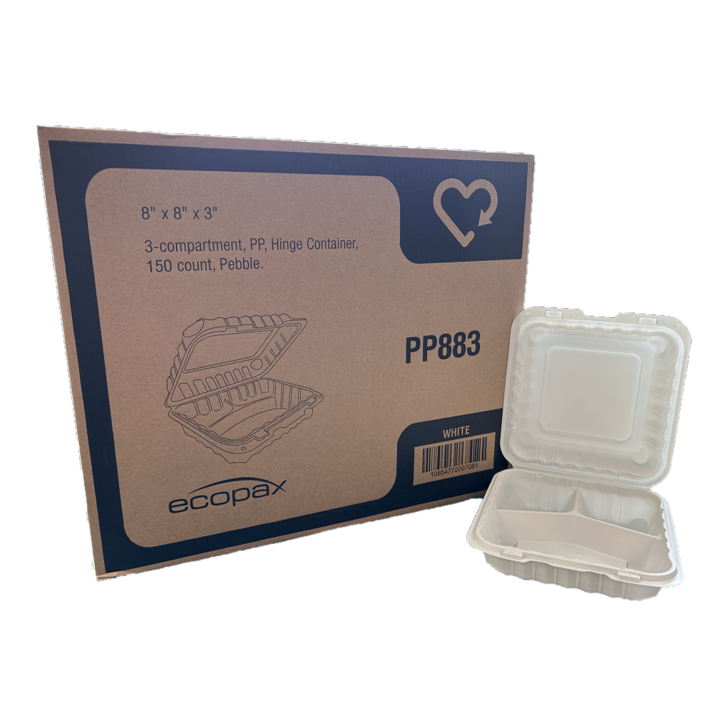 8" x 8" x 3" White MFPP Take-Out Container - 3-Comp.