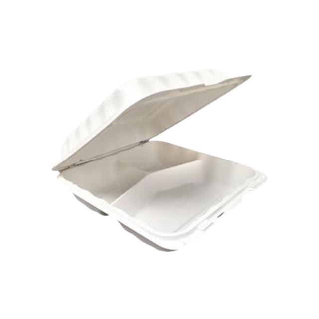 9.125" x 8.81" x 3" White MFPP Take-Out Container - 3-Comp.