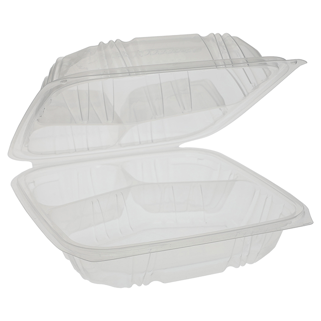 10.5" x 9.5" Clear Vented PP Take-Out Container with Lid - 3-Comp.