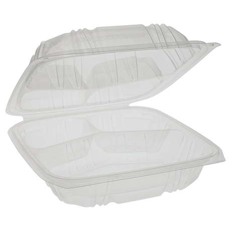 10.5" x 9.5" Clear Vented PP Take-Out Container with Lid - 3-Comp.