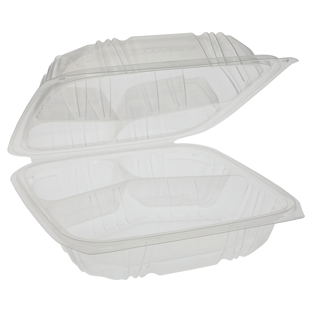 10.5" x 9.5" Clear Vented PP Take-Out Container with Lid - 3-Comp.