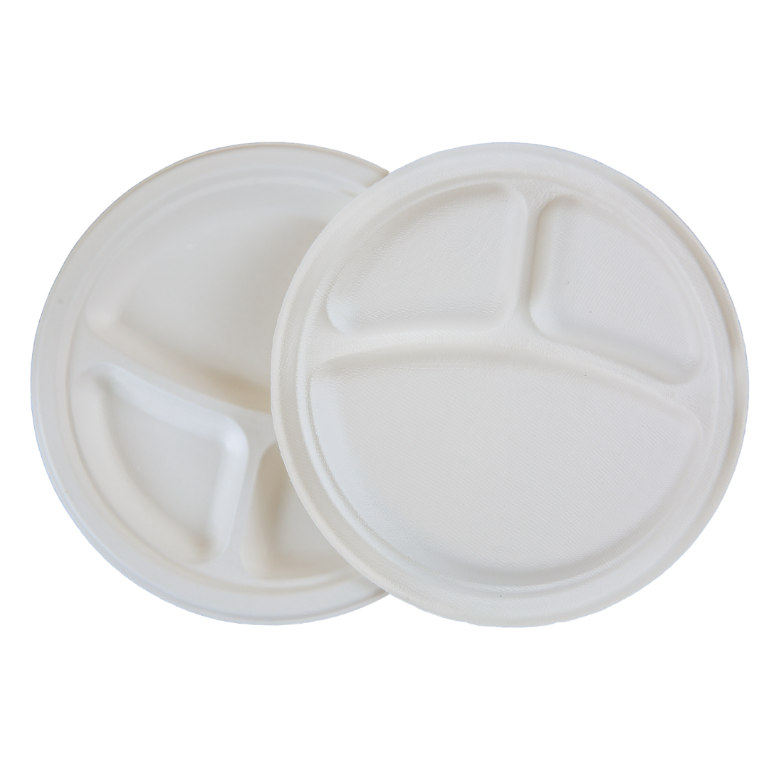 Sugarcane/Bagasse Plate (PL1093-GV) 9", Round, 3-Comp. - Green Valley