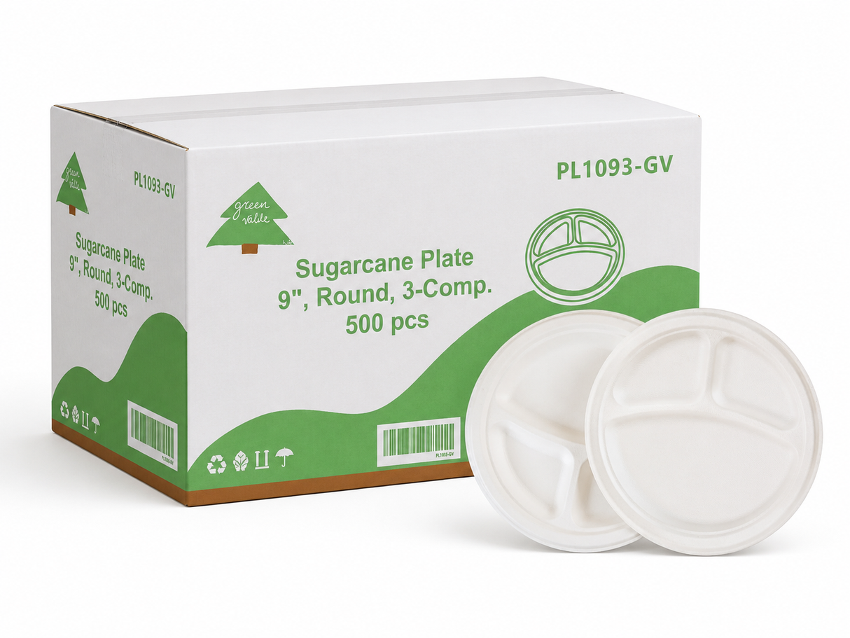 9" Round Sugarcane Plate - 3-Comp.