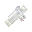 White Plastic Utensil Kit with Knife, Fork, Spoon, Napkin, Salt & Pepper