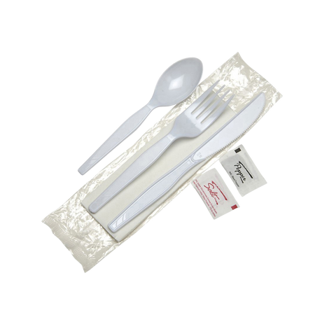 White Plastic Utensil Kit with Knife, Fork, Spoon, Napkin, Salt & Pepper