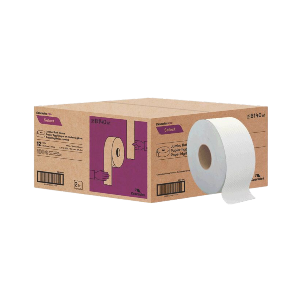 Jumbo Toilet Paper (B140) 3.3" x 1000', 2 ply - Cascades