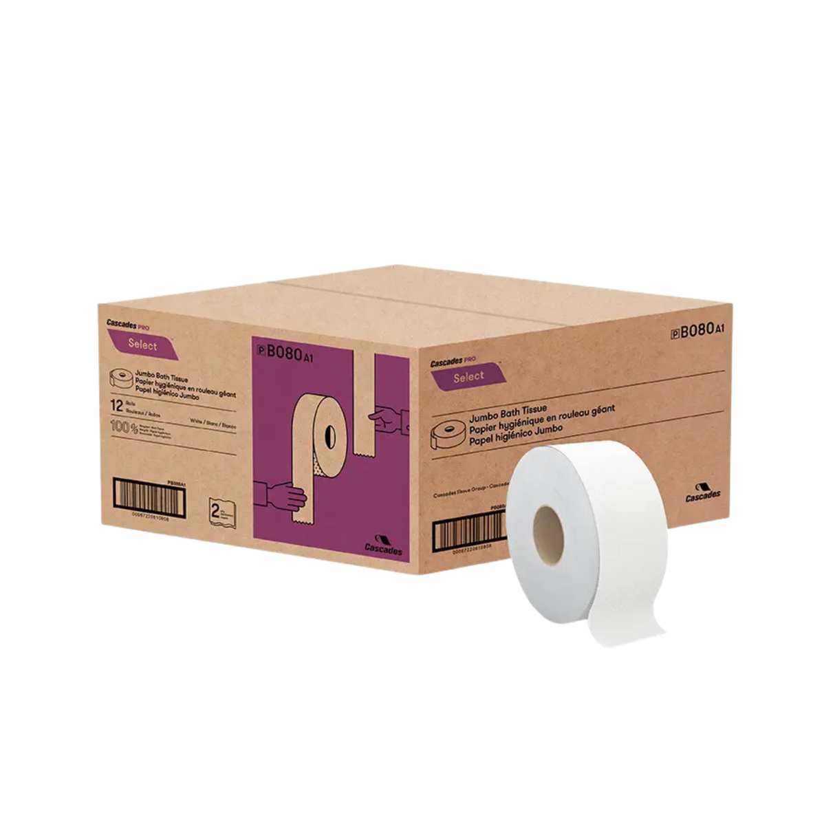 Jumbo Toilet Paper (B080) 3.3" x 500', 2 Ply - Cascades