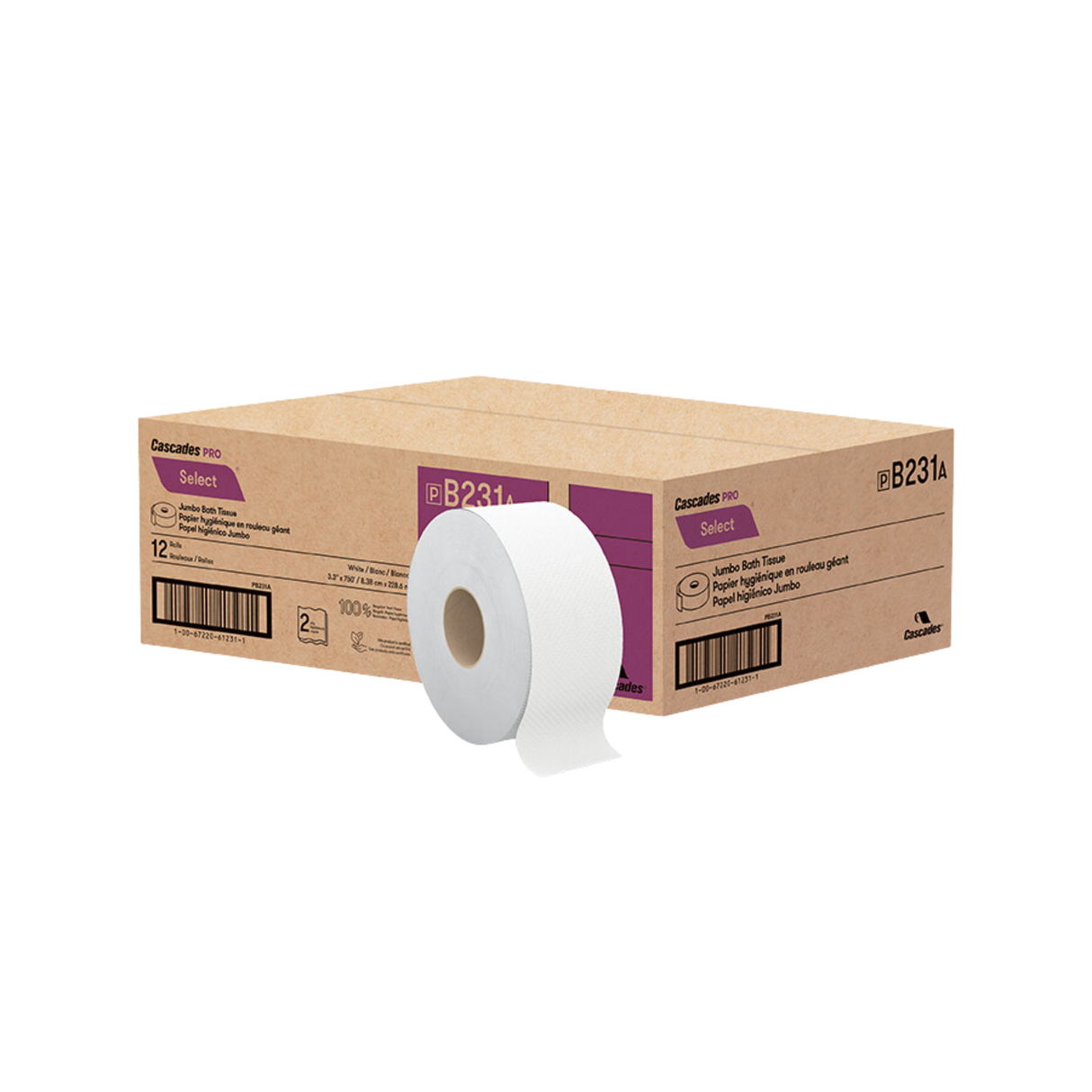 Jumbo Toilet Paper (B231) 3.3" x 750', 2 Ply - Cascades