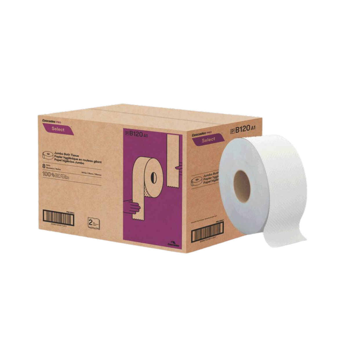 Jumbo Toilet Paper (B120) 3.3" x 900', 2 Ply - Cascades