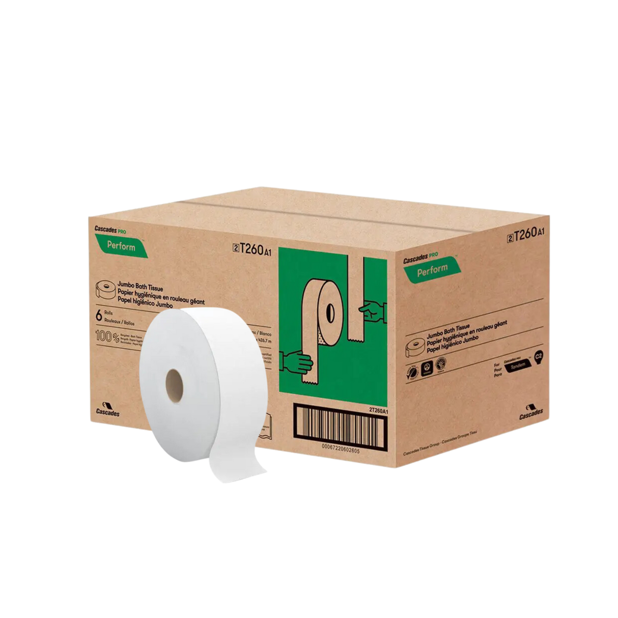 Tandem Jumbo Roll Bathroom Tissue (T260) 3.5"x 1400', 2 Ply - Cascades