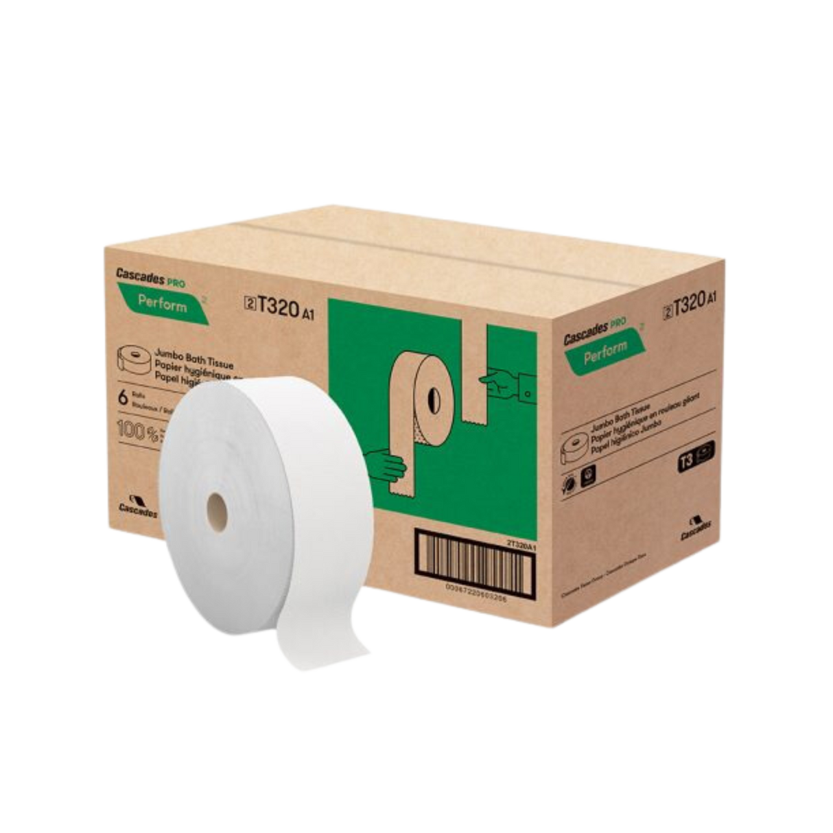 Tandem Jumbo Roll Tissue (T320) 3.4"x 1250', 2Ply - Cascades