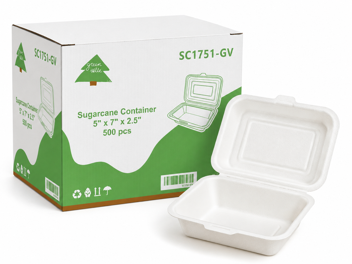 7" x 5" x 2.5" Sugarcane Take-Out Container - 1-Comp.