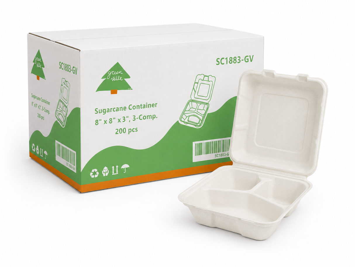 8" x 8" x 3" Sugarcane Take-Out Container - 3-Comp.