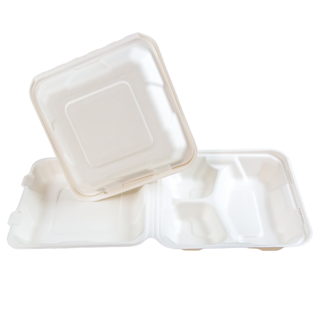 8" x 8" x 3" Sugarcane Take-Out Container - 3-Comp.